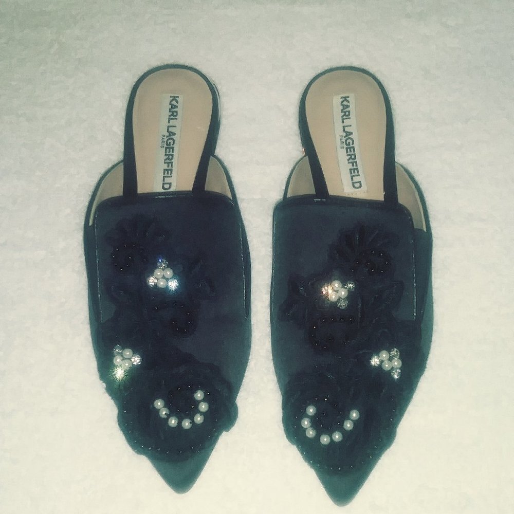 Black Floral and Jewel Embellished Mules